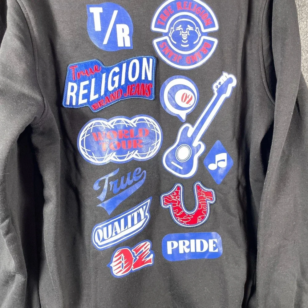 True Religion Hoodie Mens Medium Black Full Zip World Tour Rock‎ Back Hit Grunge